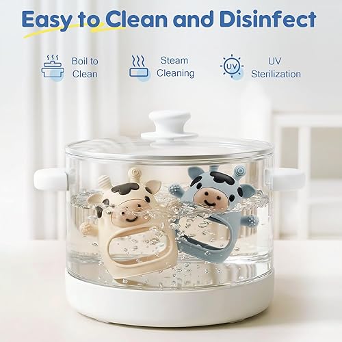 Miniatura 8 de TOHIBEE Paquete de 2 juguetes de dentición para bebés de 0-6 6-12 meses, guantes de dentición de vaca ajustables de silicona de grado alimenticio,