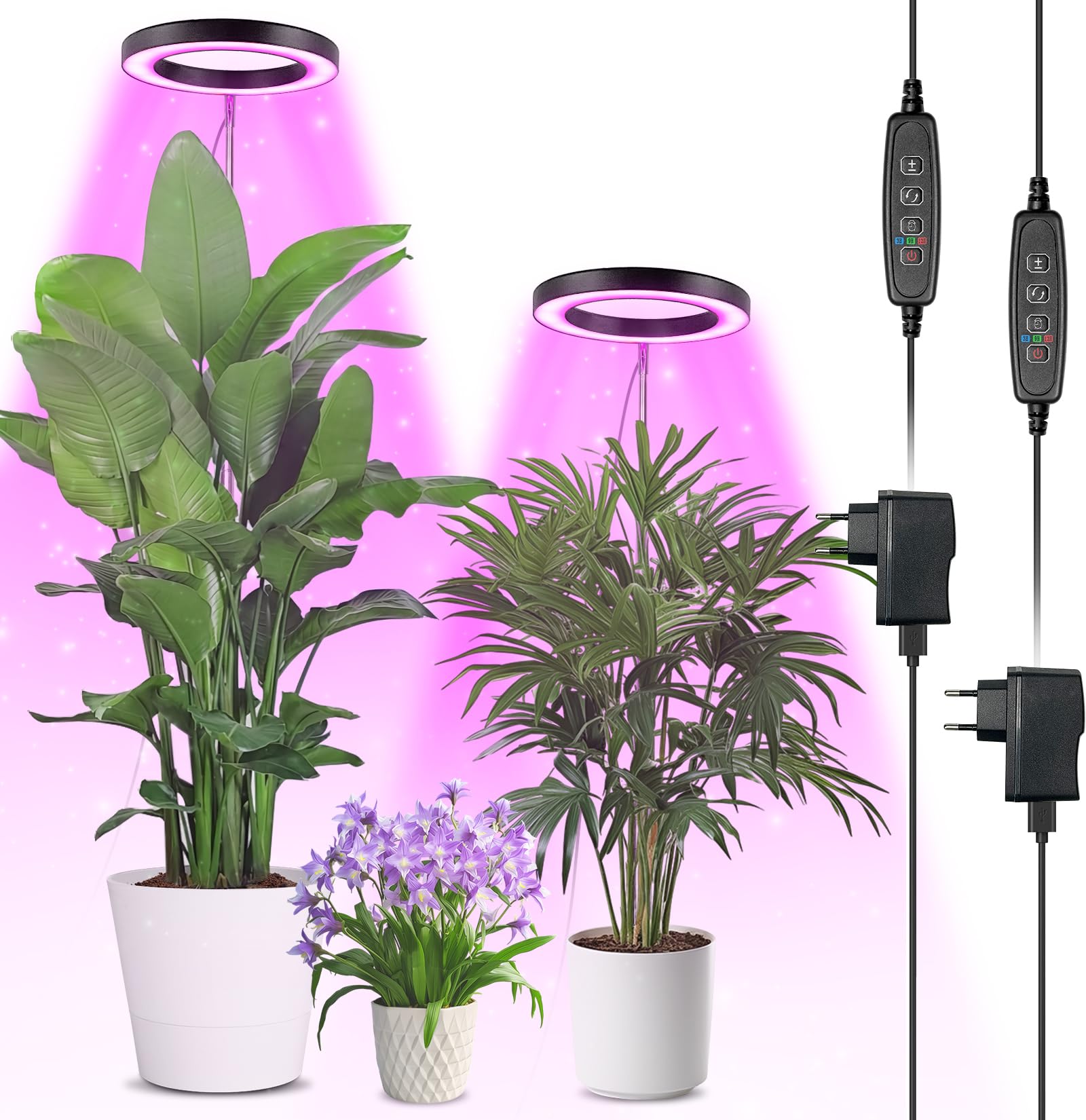 Qoolife Lampada a LED a spettro completo per piante da interno, 155 cm, altezza regolabile con 72 LED, 3 livelli di luminosità dimmerabili, timer 3/9/12 ore per piante da interni nero 2 Pezzi