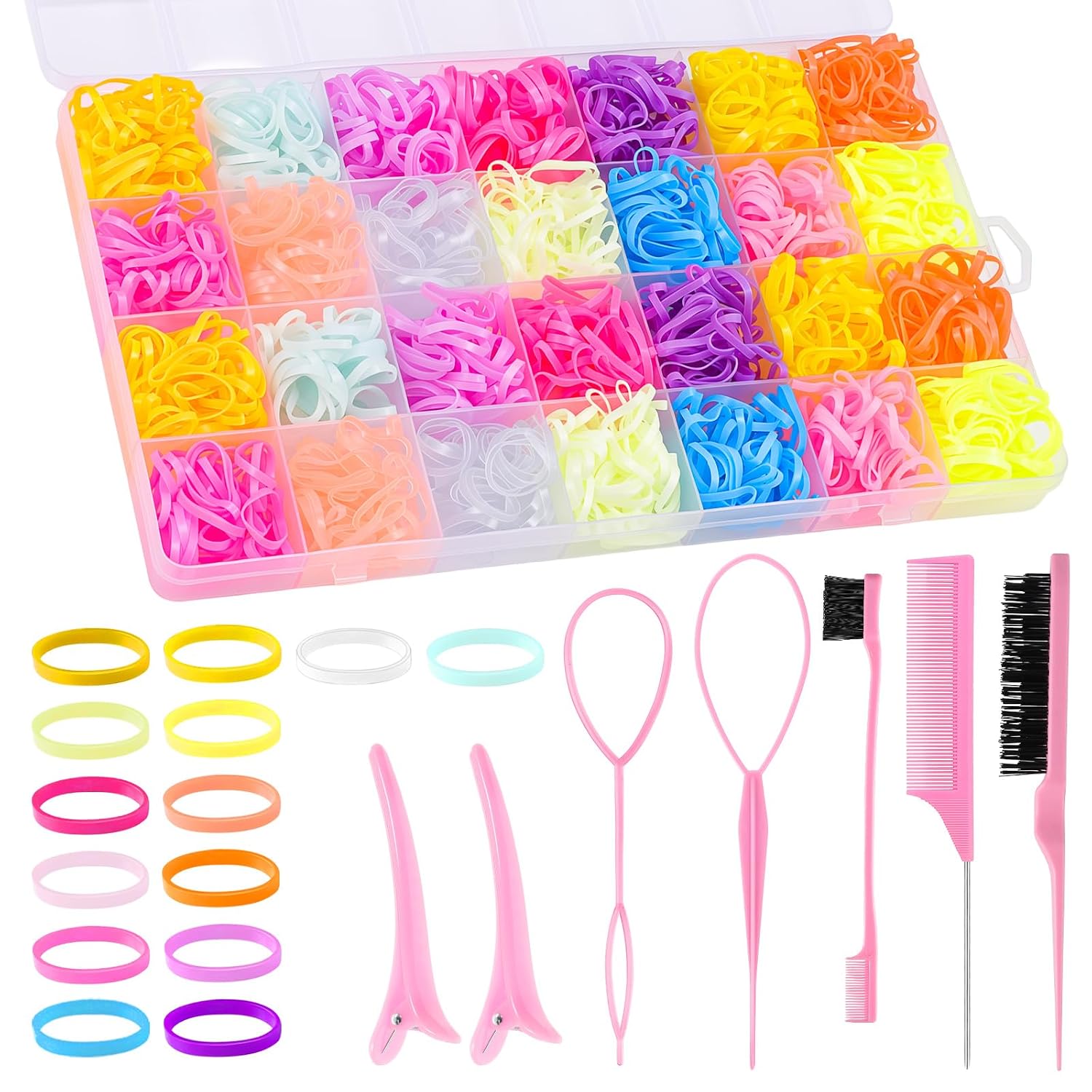 Rubber Bands for Hair with 8 Styling Tools 28 Grid Pastel Hair Elastics Set with Storage Box for Braids Ponytails Toddlers Women Styling and Crafts