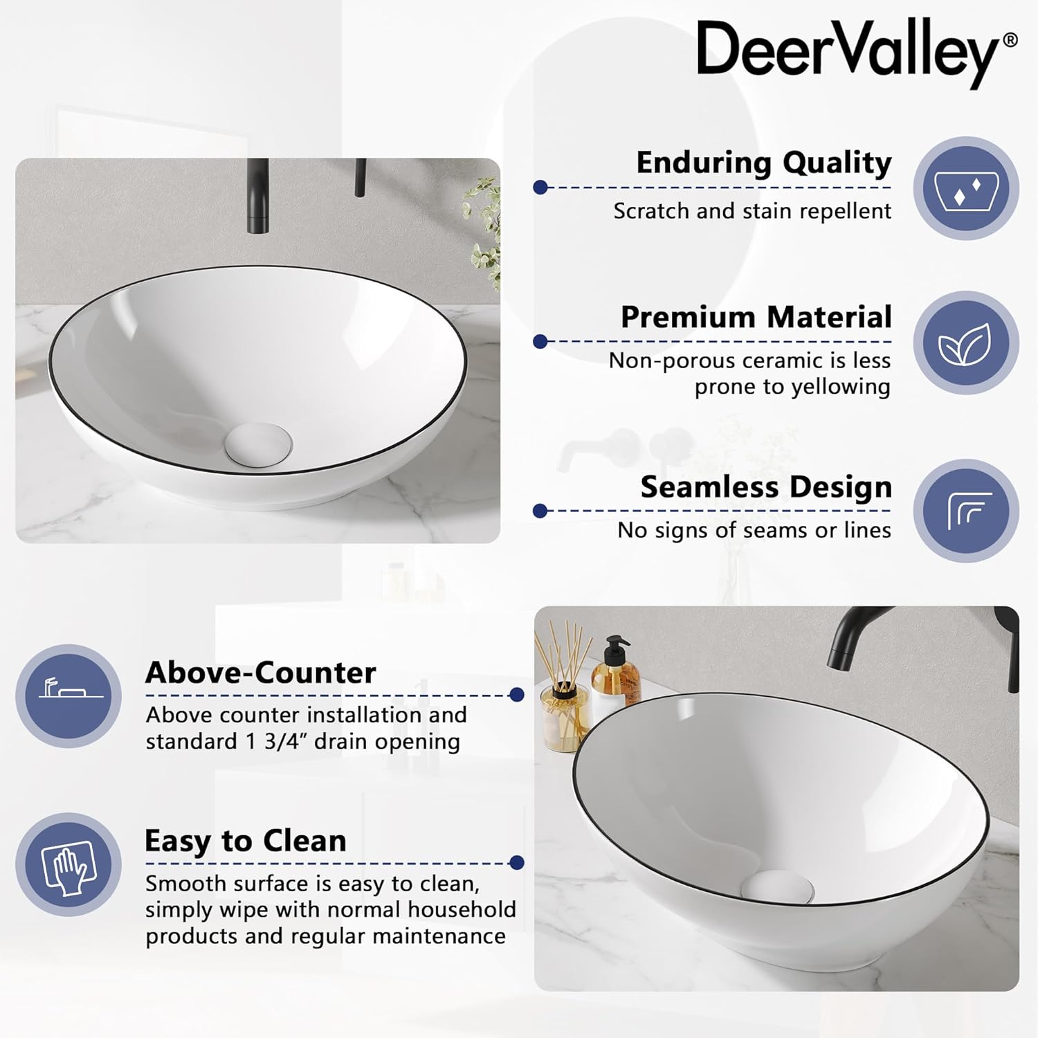 DeerValley Oval Egg-Shaped Vessel Sink, White Ceramic Basin with Black Rim, Above Counter Bathroom Vanity Sink, DV-1V0333
