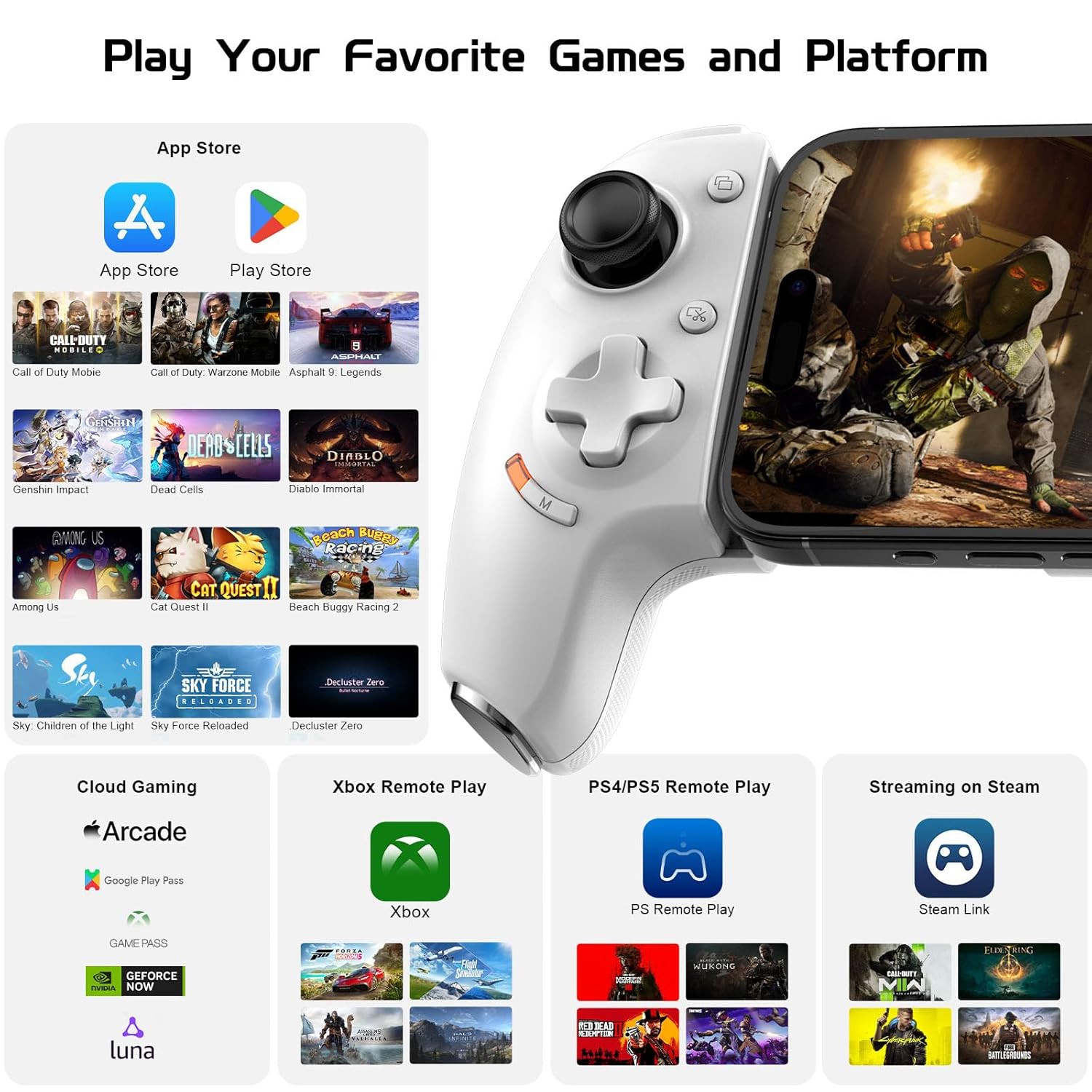 Image showing the Joso Simhon01 Controller's compatibility with various gaming platforms and apps, including App Store, Play Store, Cloud Gaming, Xbox Remote Play, PS4/PS5 Remote Play, and Streaming on Steam.