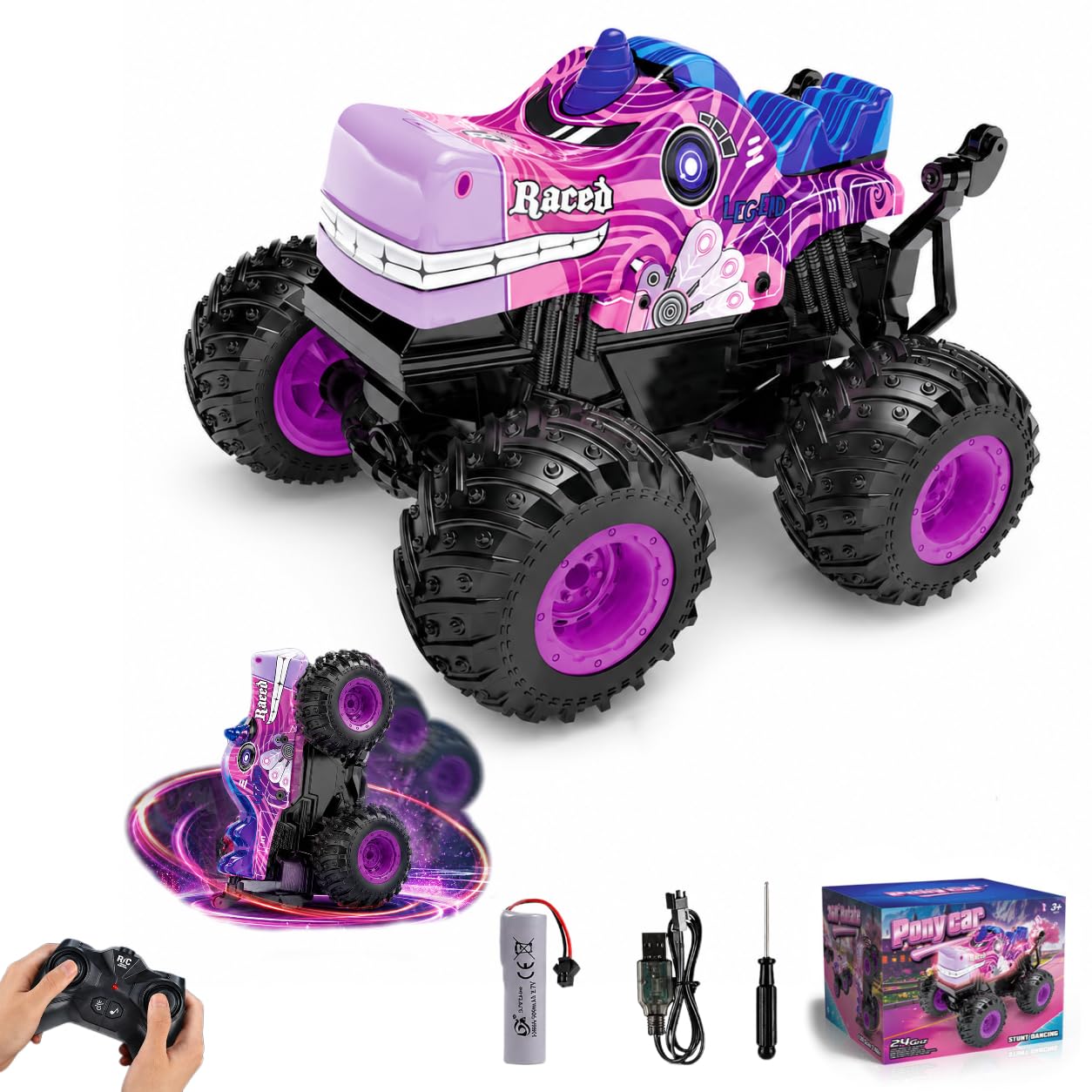 XQLY Unicorn Remote Control Monster Truck, 2.4GHz All Terrain RC Car with LED Lights, Rechargeable Off-Road Toy Truck for Kids Girls Boys 3-8 Year Old Birthday Gift