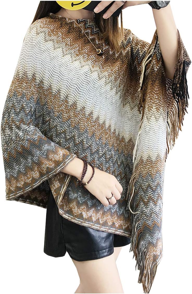 Siehin Women National Geometric Cloak Tassels Shawl Knit Pullover Cape Long Shawl Casual Poncho