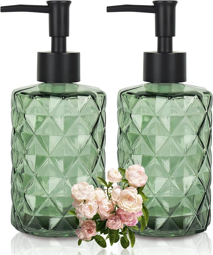 Clear Green Glass Soap Dispenser with Pump, 12oz Diamond Design Hand Soap Dispenser, Refillable Lotion Dispenser & Dish for Dishwashing Liquid, Shower Gel