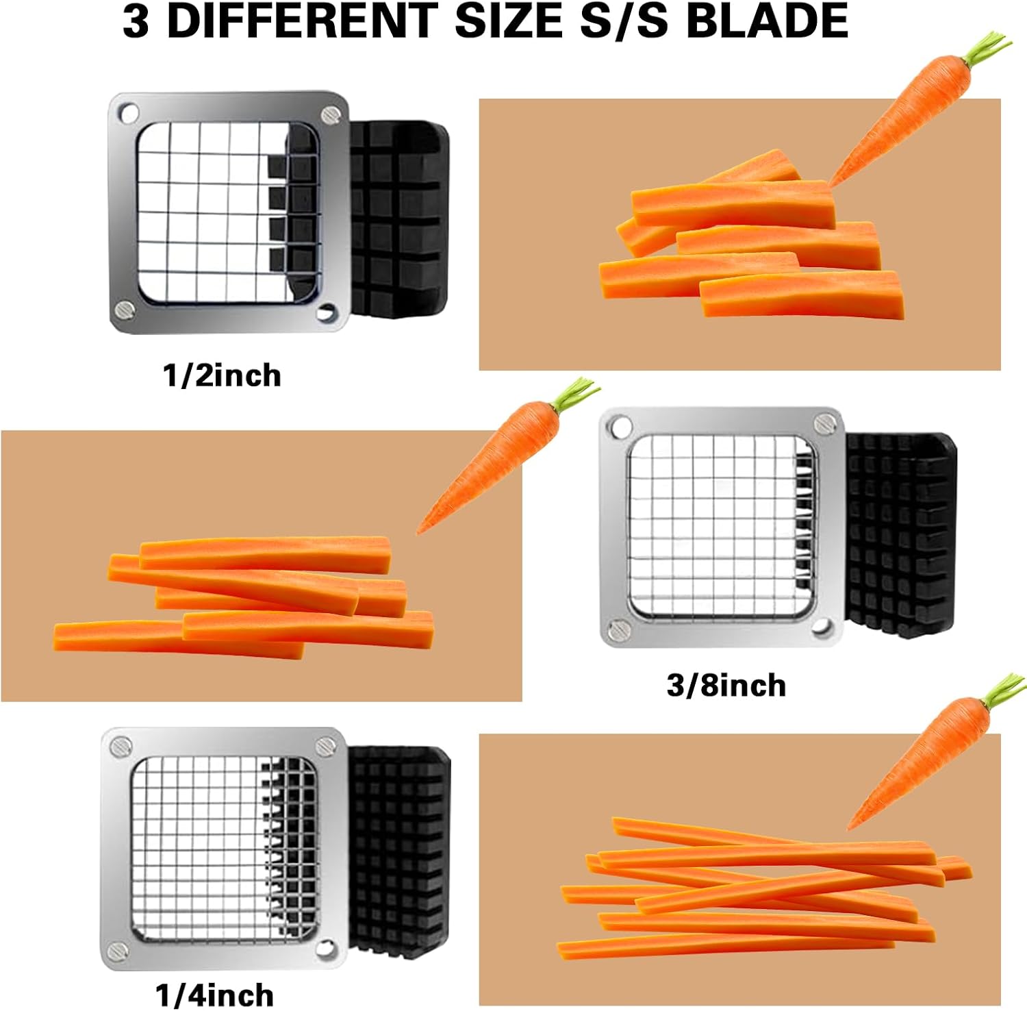 CLIVIA Commercial Vegetable Chopper, Stainless Steel French Fry Cutter, Potato Dicer, Fruit Slicer with 3 Blades 3/8" 1/4" 1/2", for Restaurants & Home