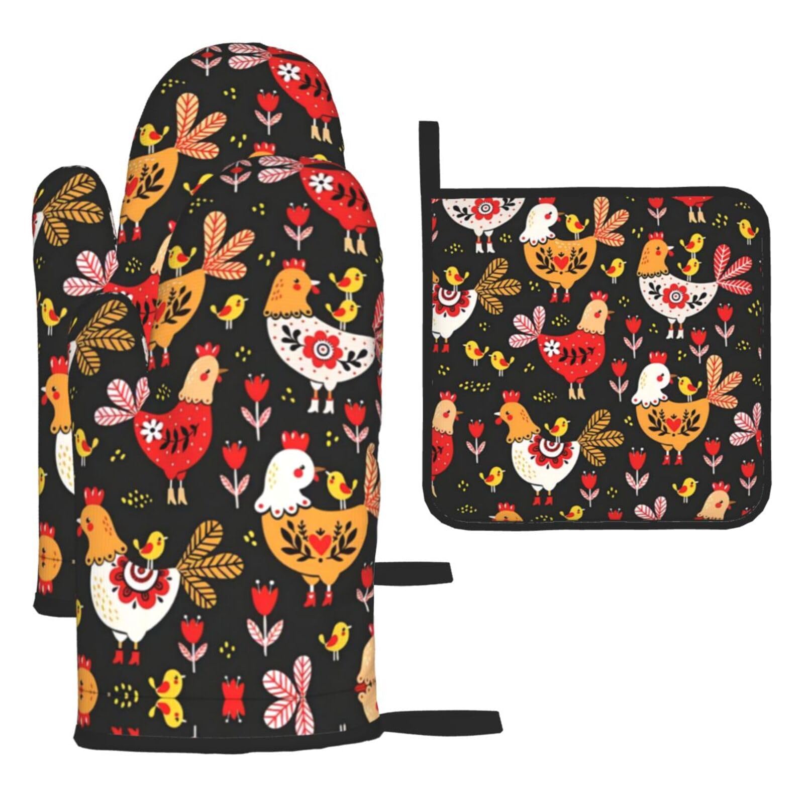Cute Rooster Chickens 3 Piece Kitchen Oven Mitt Set Heat Resistant Gloves with Pot Holder Mat Polyester Printed for Cooking Baking BBQ Grill