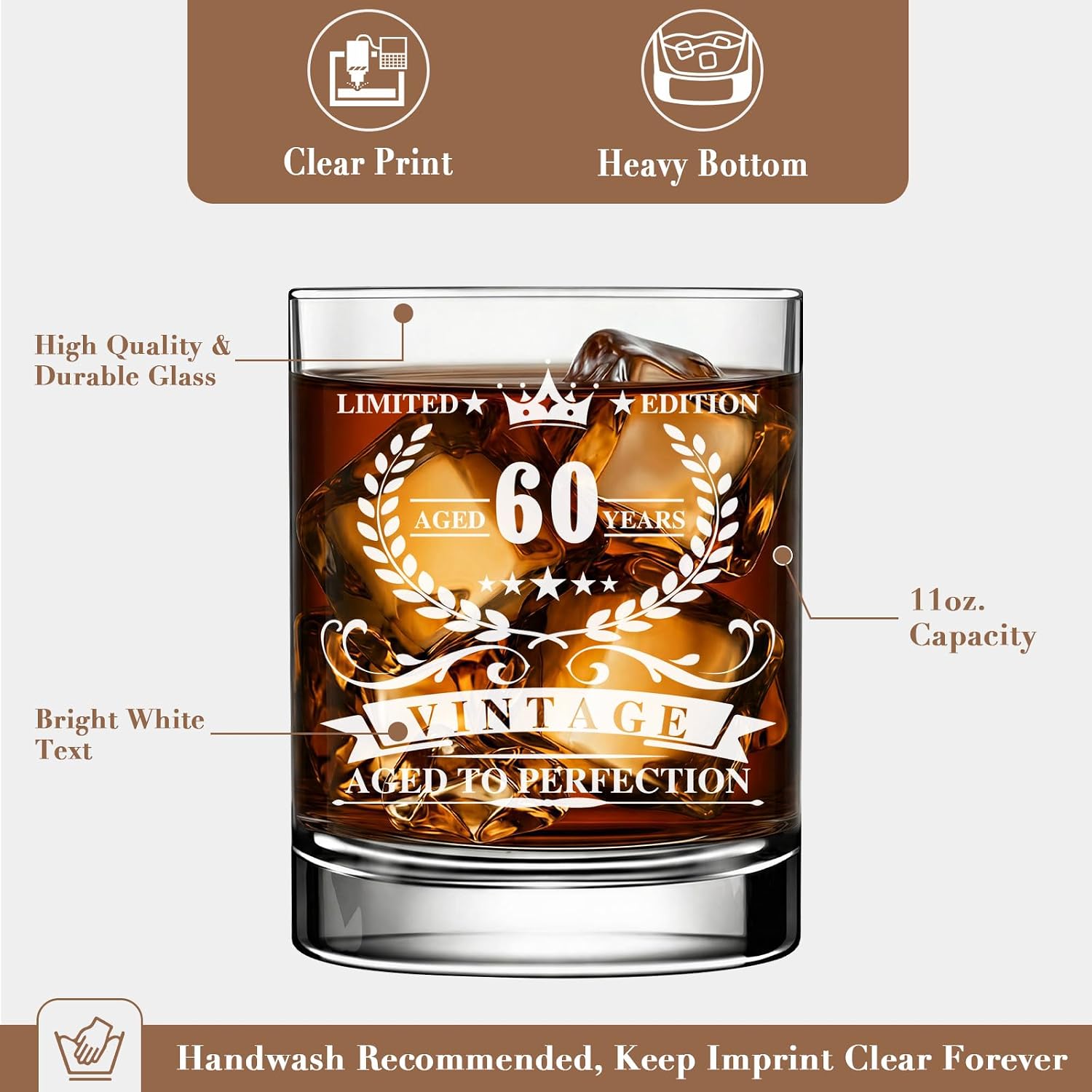 60th Birthday Whiskey Gift Set for Men, 11 oz Glass, Crown and Sash
