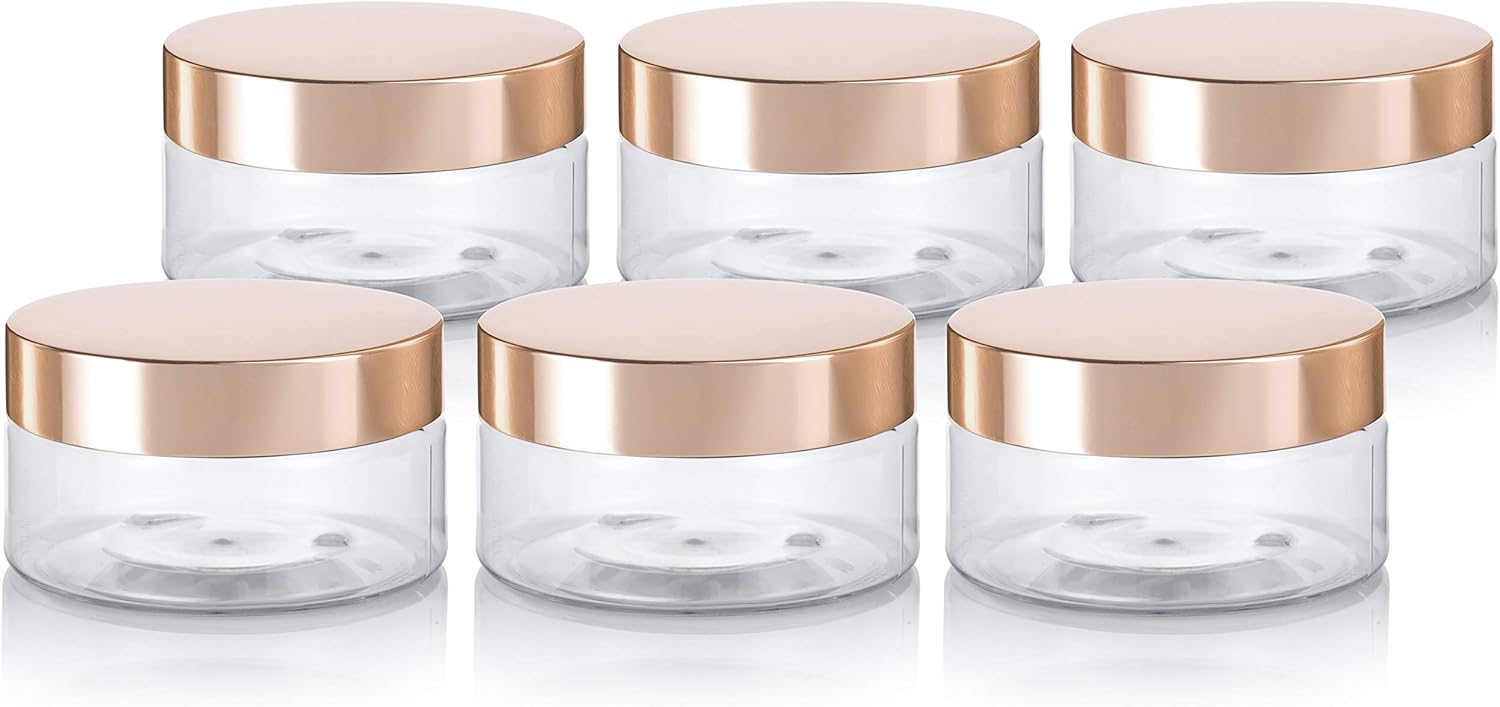 (6 Pack) 8 oz Clear Plastic Low Profile Wide Mouth Jar with Gold Metal Overshell Lid Refillable Empty Storage Containers