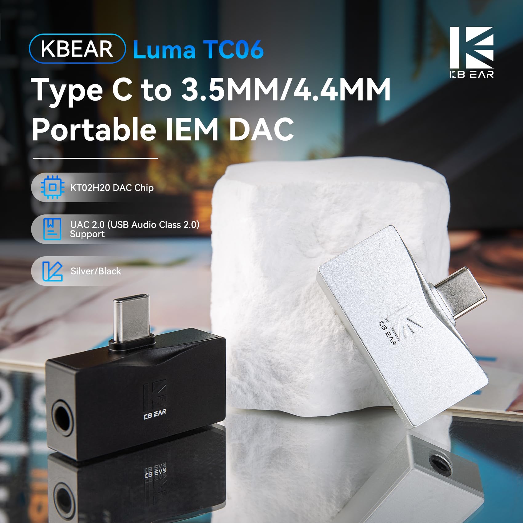 Yinyoo KBEAR Luma TC06 Amplificateur pour Écouteurs, Mini Ampli DAC Portable, Sortie USB C vers 3.5mm/4.4mm Équilibrée, Haute Résolution 32bit/384kHz, Ampli HiFi pour Smartphone/PC (Noir)