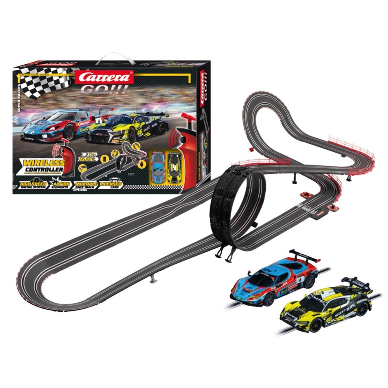 Carrera GO!!! 62585 Circuit de Course Automobile Super Racers Kit sans Fil | Pack de Base 62585 | 2 Voitures à sous avec 2 Commandes manuelles sans Fil avec Bouton Turbo | avec Boucle, Fly-​Over,