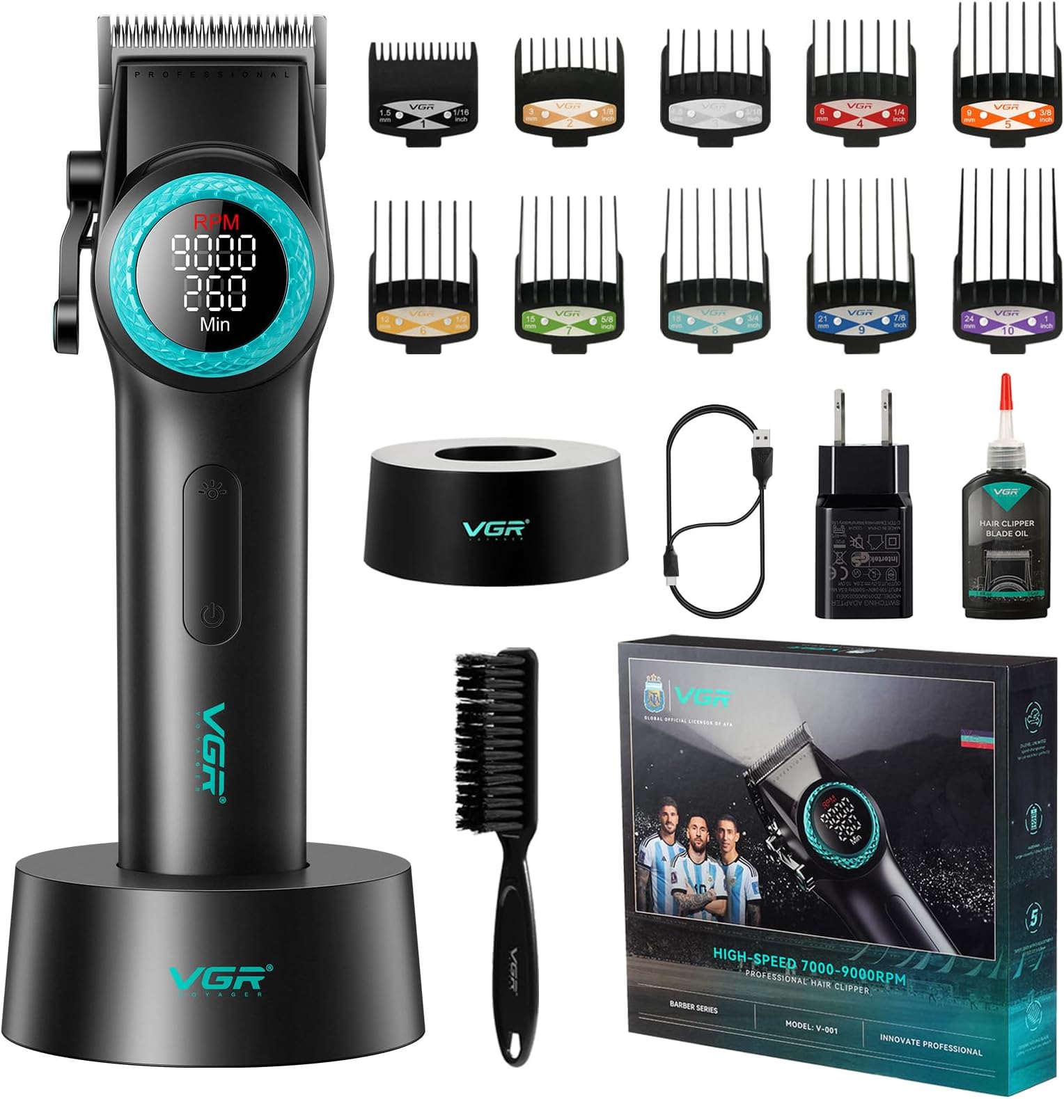 001 Professional Hair Clippers for Men, Cordless Barber Clippers for Hair Cutting, Carbon Steel Blade Hair Trimmers for Barbers, 9000RPM, LED Display, Black