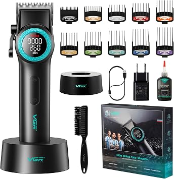 VGR 001 Professional Hair Clippers for Men with Charging Base, Black | 9000 RPM; 21 speed; 4600mAh battery; 260min runtime; clear LED display; carbon steel blade; cleaning brush; charging cable