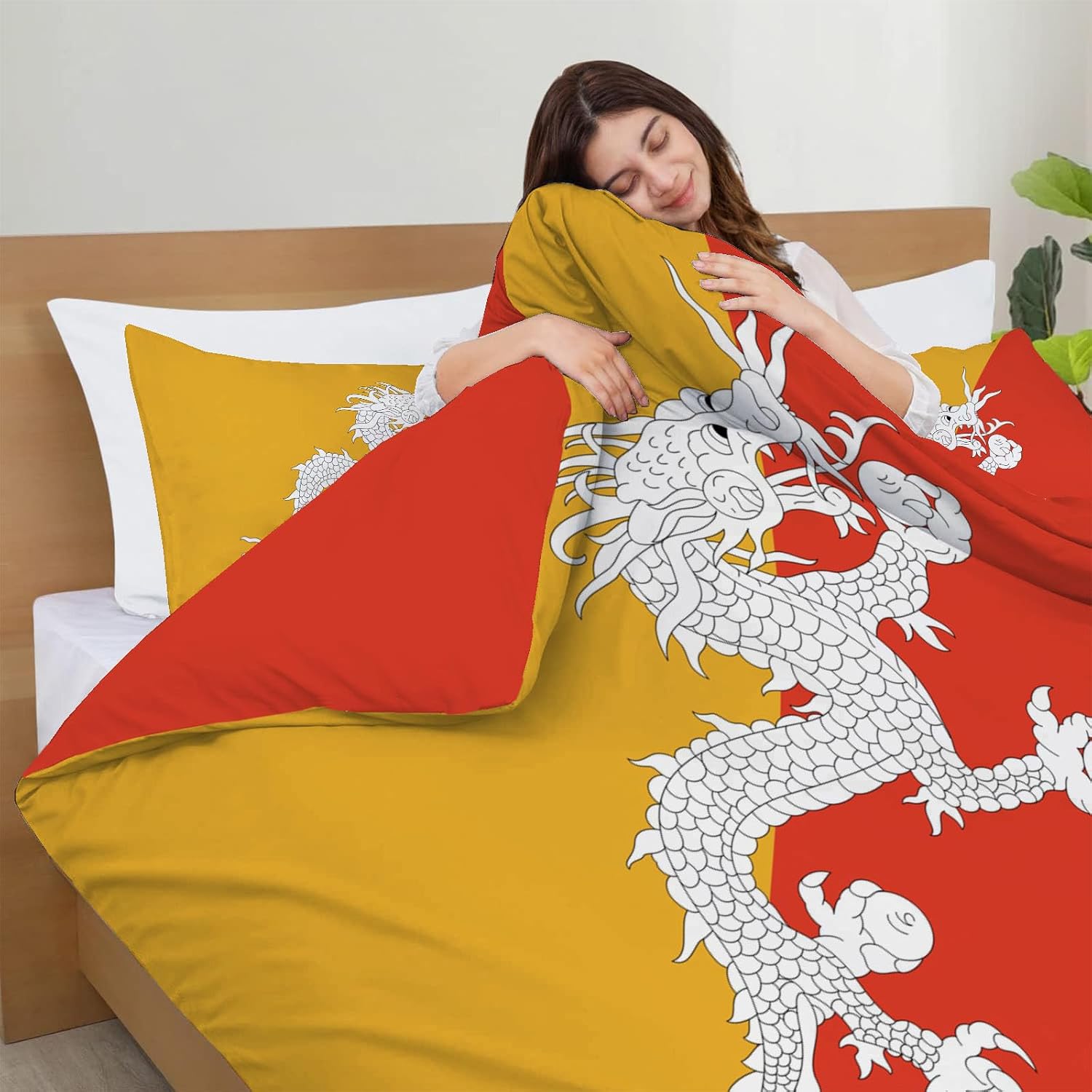 Bhutan Flag Print Duvet Cover Retro Bhutan Flag Texture Bedding Size,Reversible Solid Color Classic Color Printed Plaid Duvet Cover,Includes 1 Duvet Cover