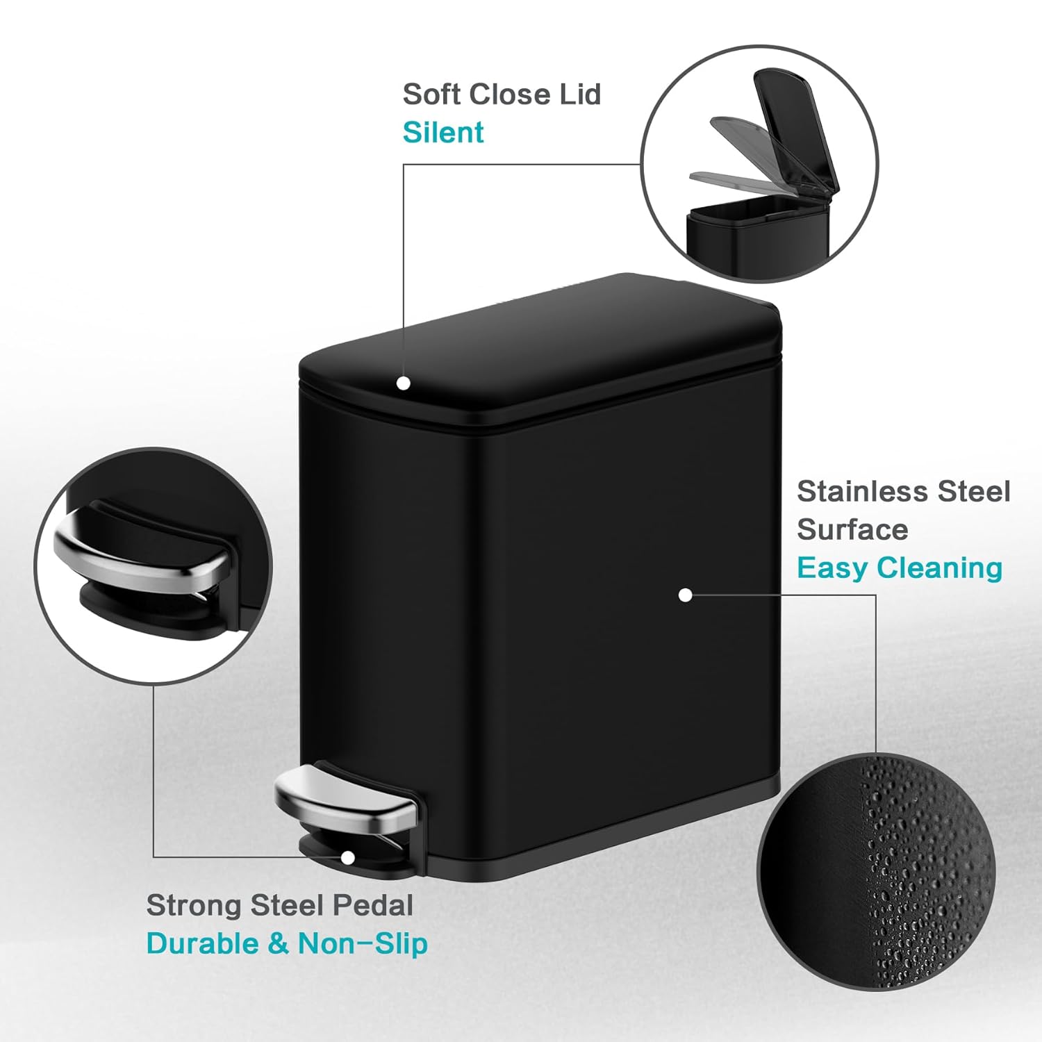 1.6 Gallon Stainless Steel Trash Can with Anti-Fingerprint Finish – 6L Waste Bins with Removable Inner Bucket– Sleek, Durable Design for Bathroom, Bedroom,Office (Black)
