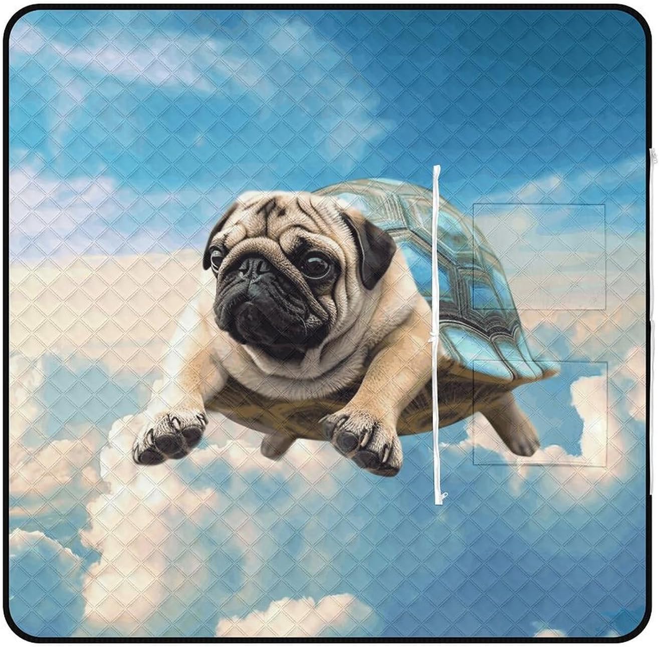 Funny Turtle Pug Dog in The Sky Picnic Blanket with Zipper Water Resistant Sand Free Picnic Mat Washable Foldable Easy Carry Beach Blanket for Lawn Beach Hiking Camping