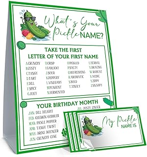 Funny Pickle Theme Game Cards Set, Including 1 Game Sign and 30 Name Stickers, Perfect for Birthday Party Activities