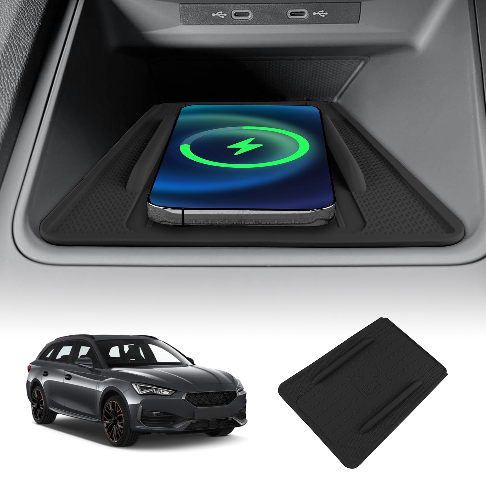 KUNGKIC Per Seat Formentor Cupra Leon New Energy 2020-2024, gel di silice per auto, tappetino antiscivolo per ricarica wireless, tappetino di ricarica senza fili, scaffale per smartphone antiscivolo
