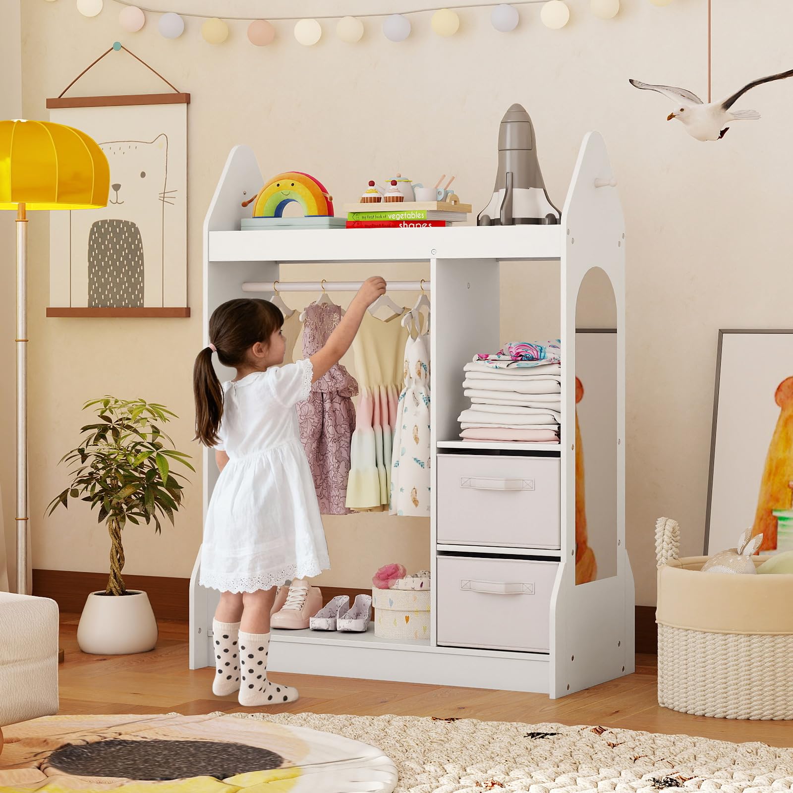 COSTWAY Portant à Vêtements Enfant avec Miroir en Acrylique & Cintre en Bois, Penderie Enfant avec 3 Étagères Ouvertes & 2 Bacs en Tissu, Garde-Robe pour Chambre d'enfant, 81x75x107 cm (Blanc)