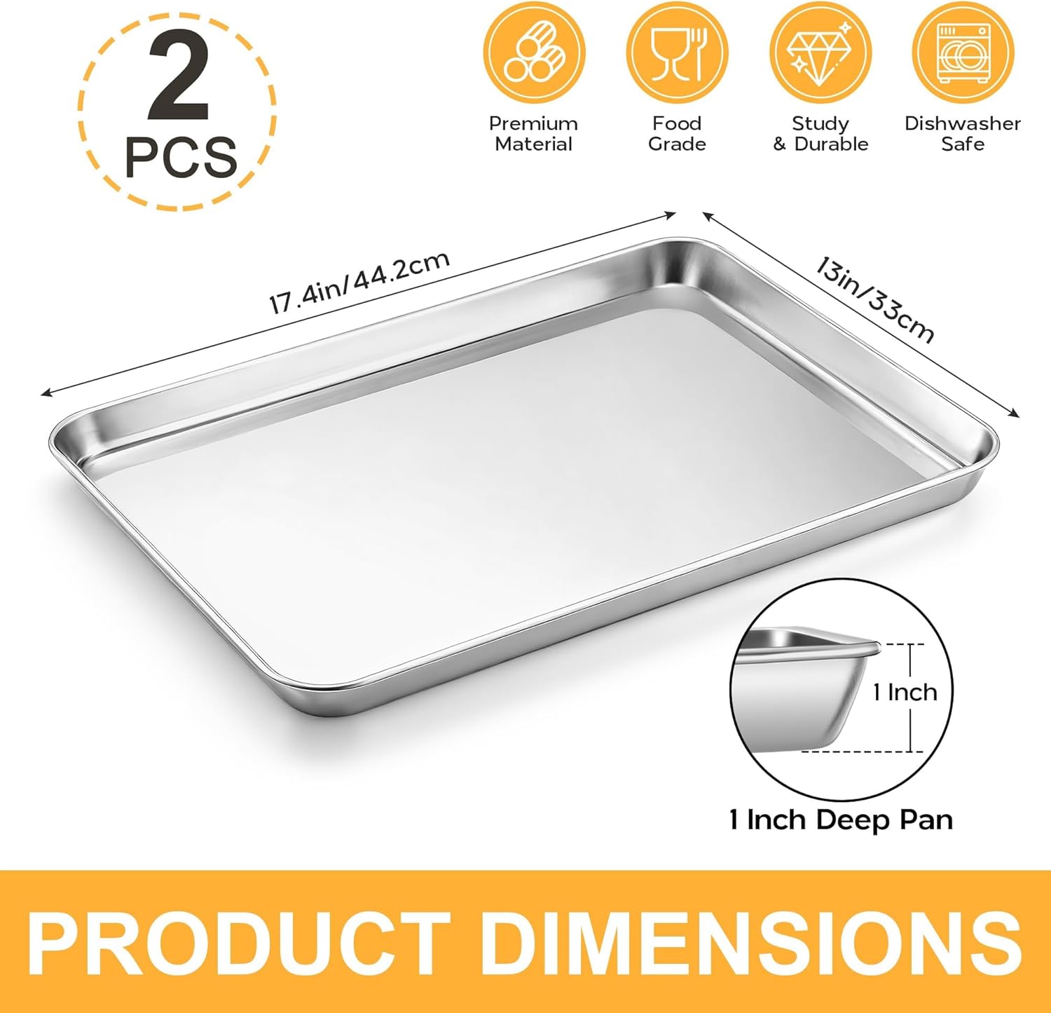 Onader Large Baking Sheet, 18 x 13 Inch Stainless Steel Half Sheet Baking Pans for Oven, Commercial Metal Cookie Pan Tray for Roasting Cooking, Mirror Finish & Dishwasher Safe, 2-Pack