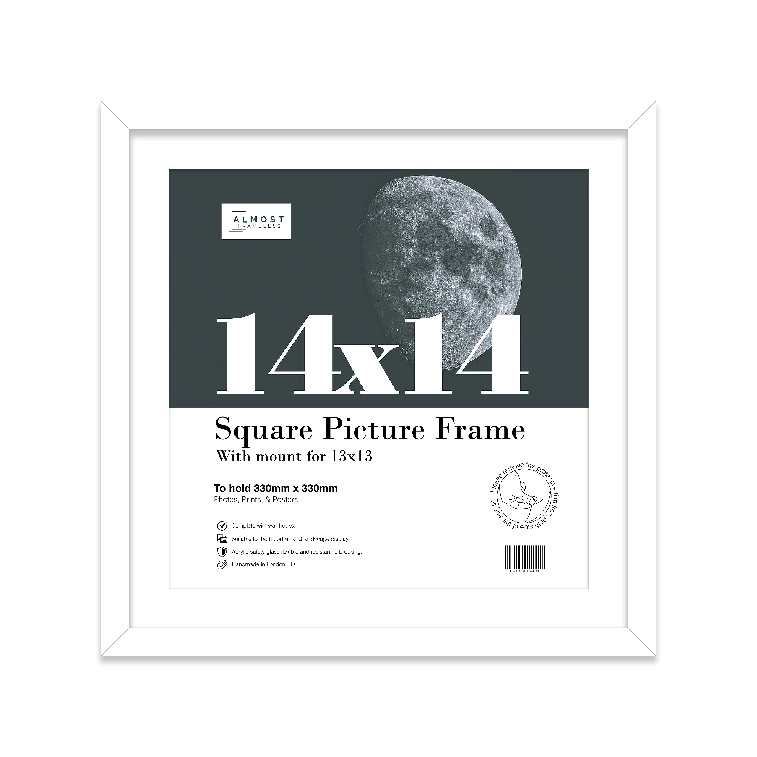 Almost Frameless 14x14 Picture Frame, Display Pictures 13x13 With Mat or 14x14 Without Mat, Wall Hanging Photo Frame, White, 1 Pack