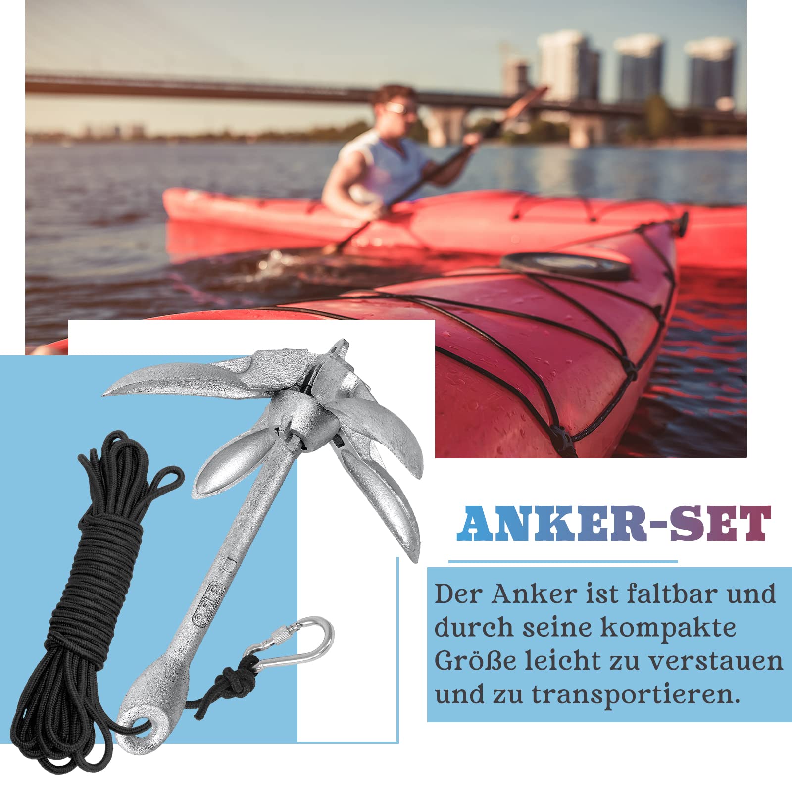 FIVMEN Bootsanker 1.5KG Anker Boot Tragbarer Faltanker mit 10m Seil und Kletterschnalle Boot Zubehör für SUP Schlauchboote Kajaks Paddelboards