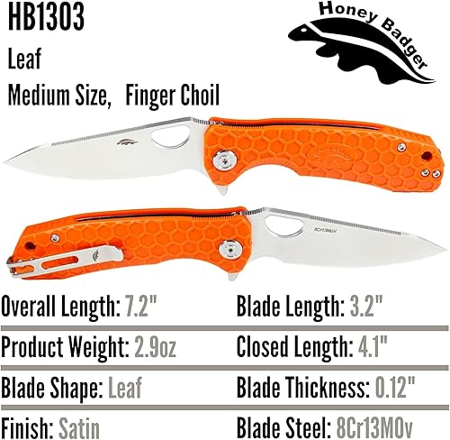 Miniatura 3 de Honey Badger Medium Orange Leaf Pocket Knife - 3.19" Blade Fiberglass-Reinforced Nylon Handle Ambidextrous Clip 2.9oz