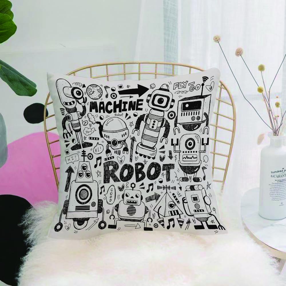 Hyosxw Robot, Futuristic Space Doodle Style Android - A1 Cushion Cover,Throw Pillow Case Home Decorative For Living Room Bedroom Sofa Chair 18X18 Inch,Robot, Futuristic Space Doodle Style Android Sci Fi Pattern Fantasy Machine Art,Pillowcase 45X45cm