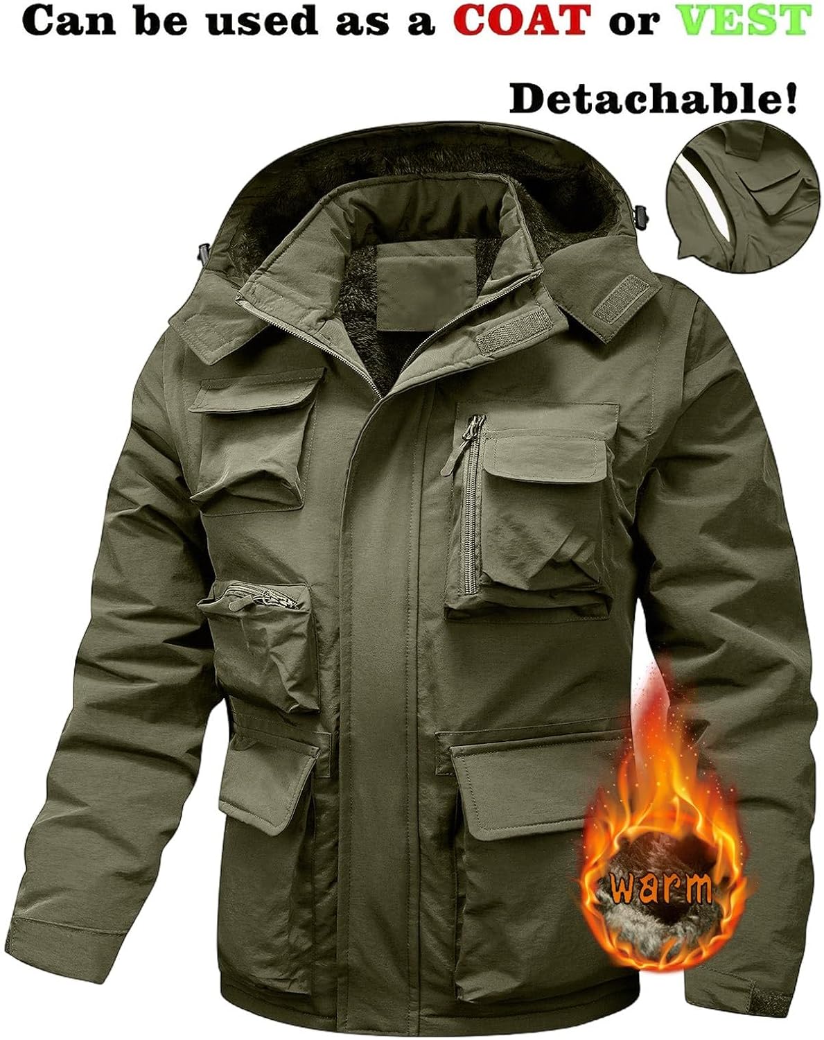 Men's Winter Military Jackets Work Coats Tactical Outdoor Functional Workwear With Removable Hood Pockets, M-3XL