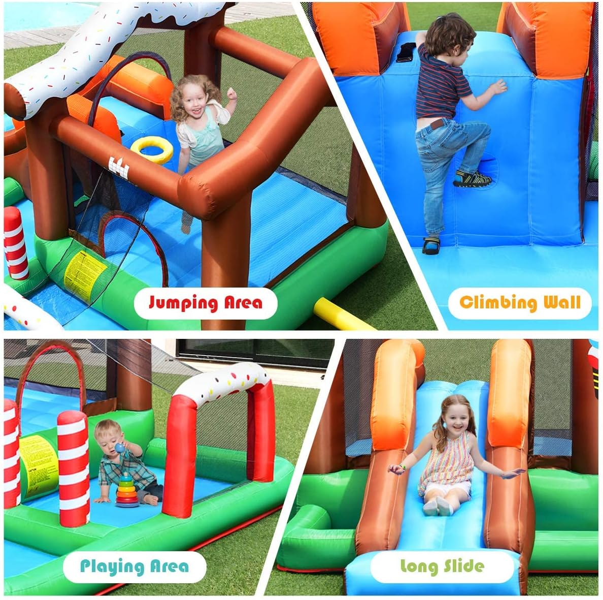 GLACER House Shape Inflatable Kids Bounce Castle, Portable Backyard Water Slide Park, Indoor Outdoor Dry Combo Bouncy House w/Splash Pool & Climbing Wall (with 480W Blower)