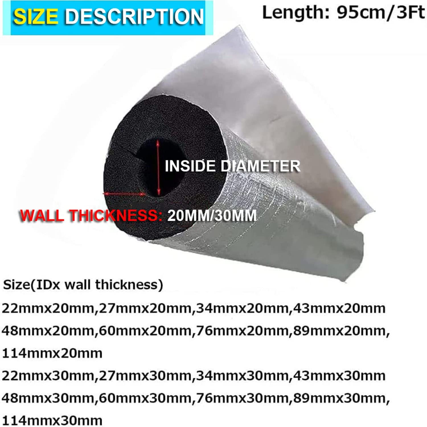 22-114mm Flexible Rohrisolierung, Aluminiumfolien-wärmeisolierungsrohr, Dickes Rohrisolierung Selbstklebend, Wasserdicht/frostschutzmittel, Dicke 20/30mm (Color : 30mm/1.2in, Size : 114mm/4.5in)