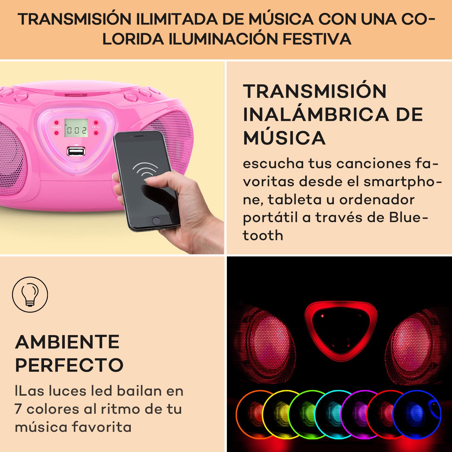 Auna Radio Portatil Pequeña con CD para Casa de 3W, Boombox FM+ Radio con Bluetooth + AUX Sonido Estéreo, Pantalla LED y Luces, con Asa, Transistores Radio Digital con USB, MP3, Carga Eléctrica