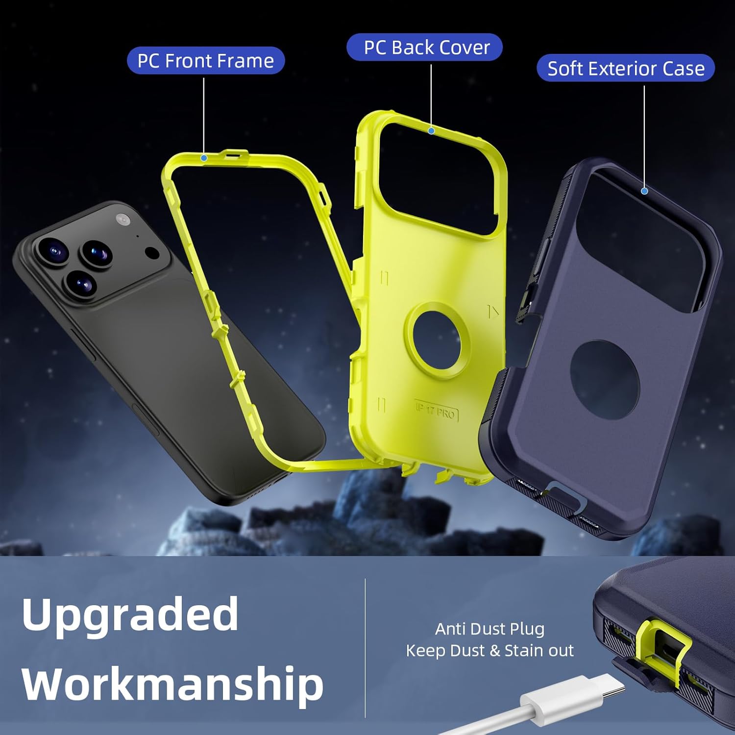 Jiunai for iPhone 17 Pro Case, Heavy Duty Drop Protection Screenless Dual Layer Shockproof Rugged Tough Bumper Dust Proof Phone Case Compatible with iPhone 17 Pro 6.3 inches 2025 Released - Blue - Image 4