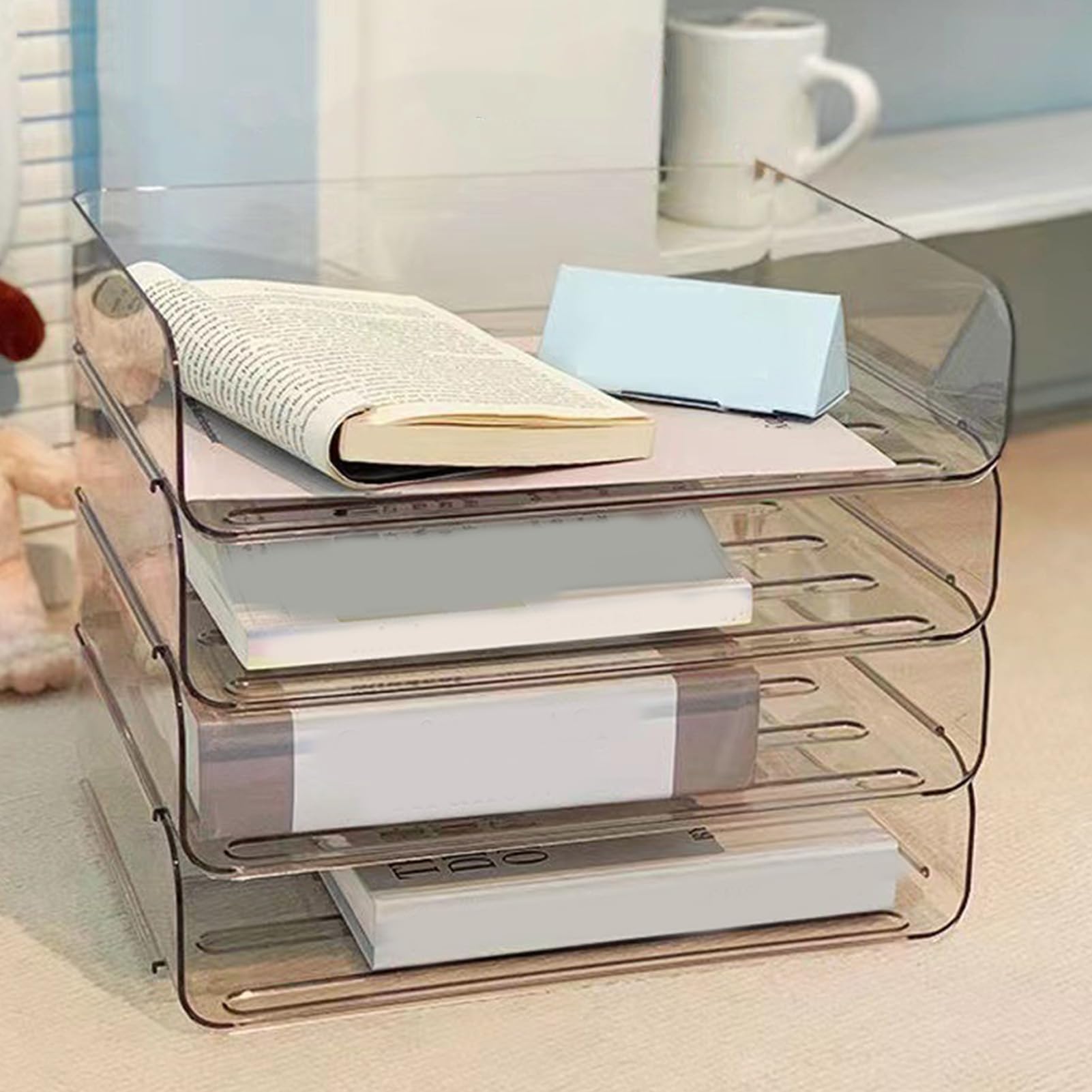 bandeja apilable para organizador de papel, diseño transparente, cuatro compartimentos, material plástico duradero, solución de almacenamiento flexible para