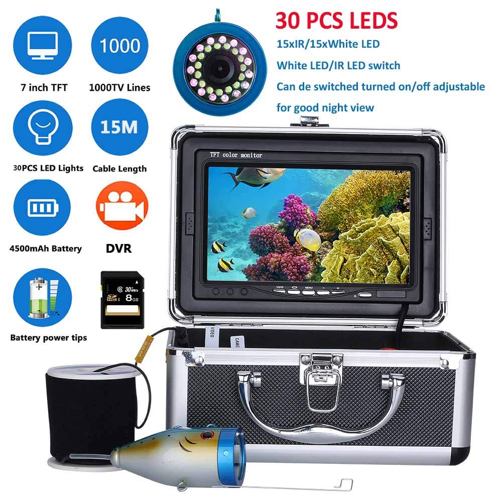 Underwater Fishing Camera with 7 Inch Fish Finder Waterproof Fishing Underwater Camera 15M Cable Length Fish Finder System Kit for Ice Lake Boat Fishing (15M with DVR) - Image 2