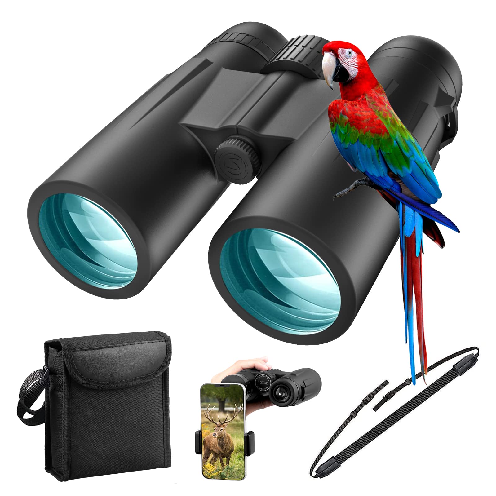 Nexiview 12x42 HD Binoculars for Adults High Powered with Phone Adapter - Lightweight Binoculars with Super Bright and Large View - Waterproof Binoculars for Bird Watching Outdoor Hunting