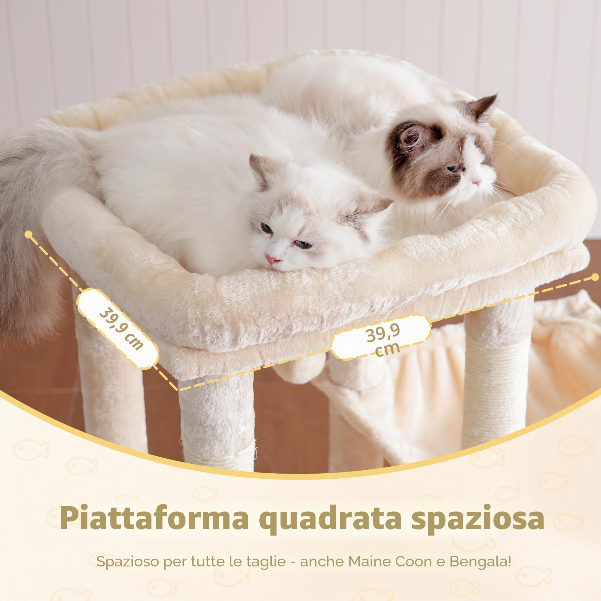 Heybly Tiragraffi per Gatti, 120cm Torre Alta Interna per Gatti Adulti, con Ampia Base e Casa Appartamento, Mobili Morbidi Multilivello con Graffiatoio, Amaca, Pallina da Gioco, Beige HCT026M