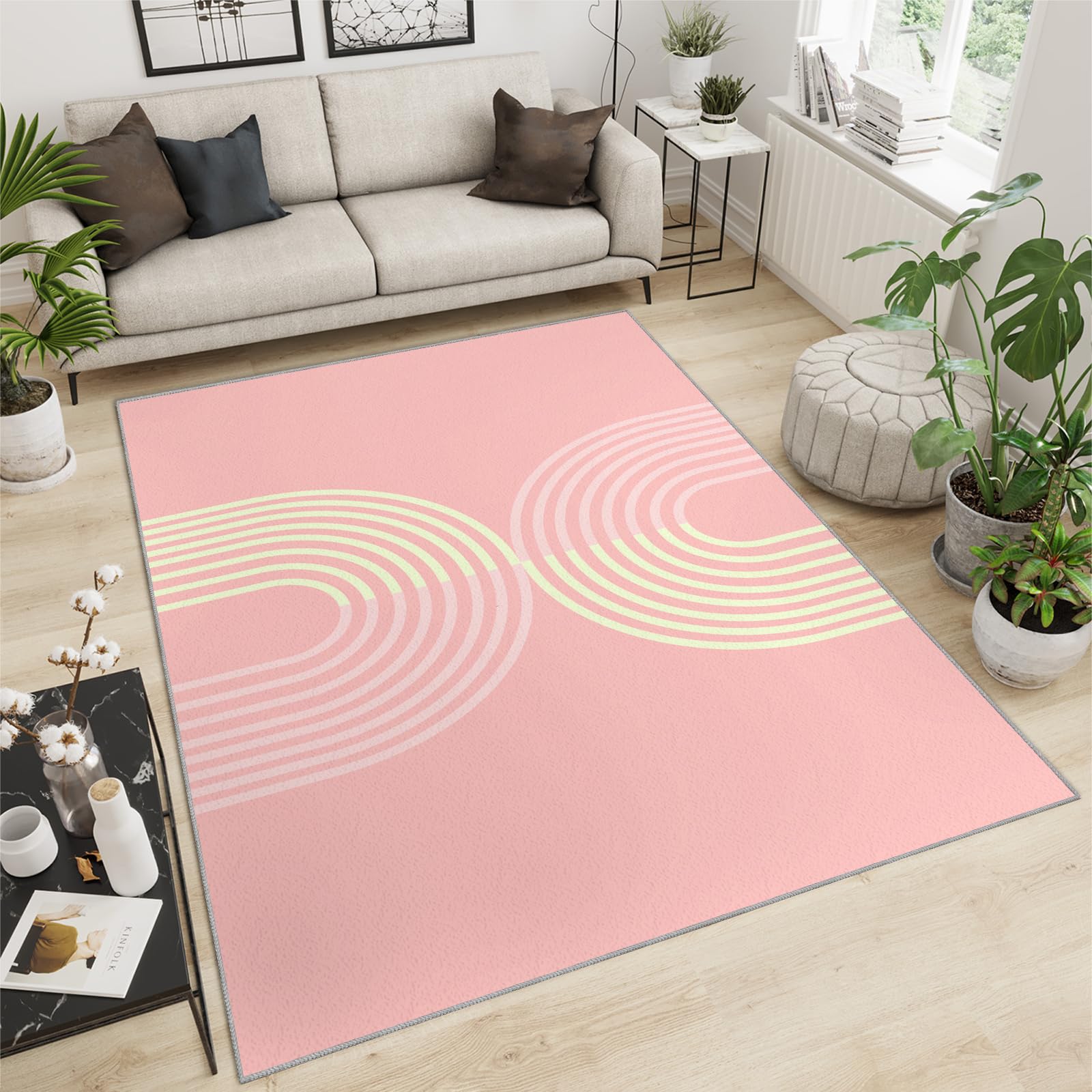QDJKBL Washable Rugs 160 X 200 Cm Regular Symmetrical Light Red Ladies Bedroom, Pink Yellow Curved Geometry Farmhouse Rug, Soft Area Rug Easy to Clean for Classroom Home