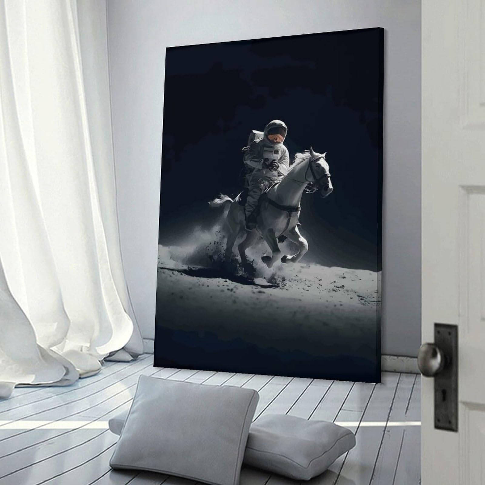 Junmoney Frame-Style-1 Astronaut Riding A Horse On Moon Wall Art Print, 12X18inch(30X45cm), For Study, Office Or Focused Interiors, Home Office Artwork With Decorative Appeal