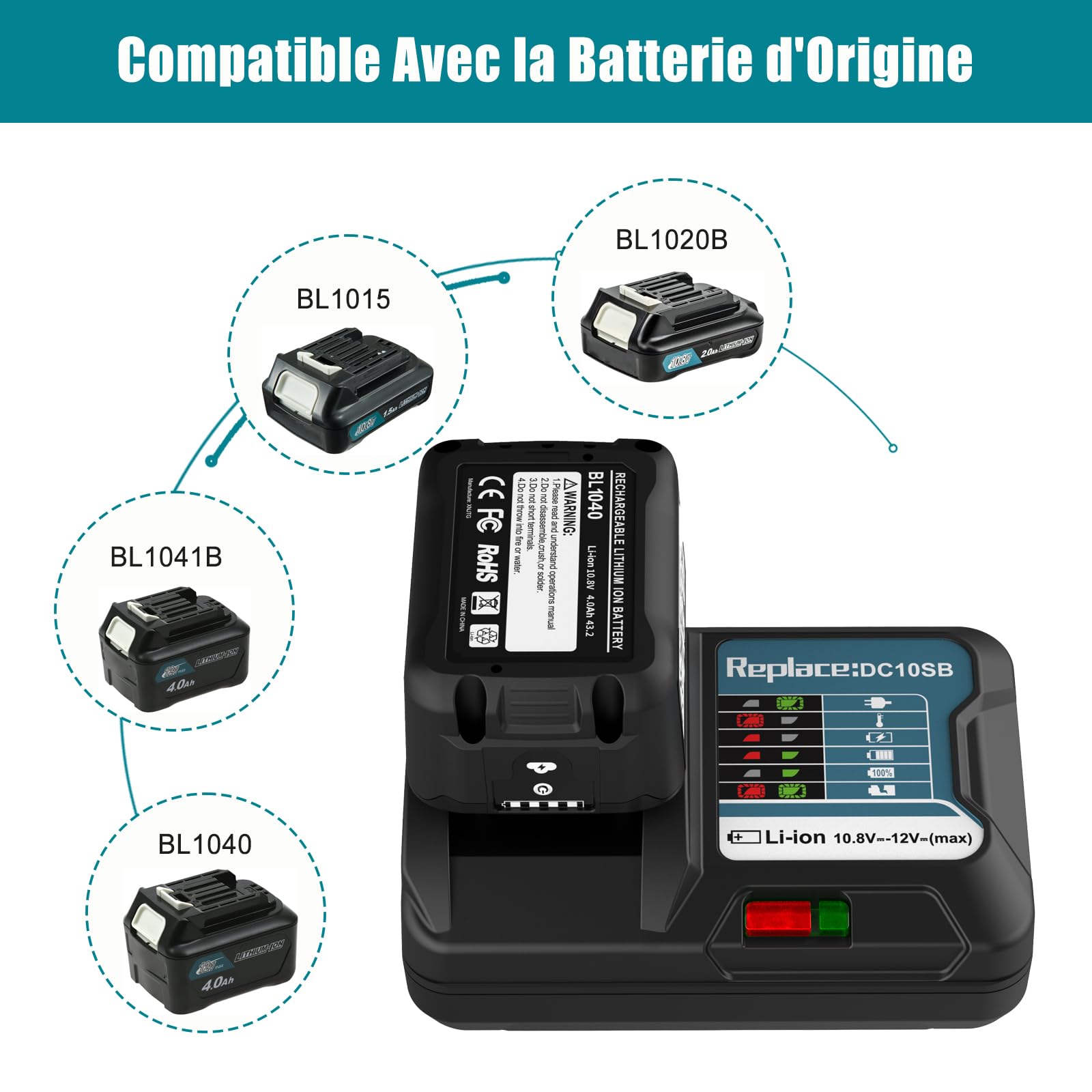 Energup 2X 12V 4.0Ah BL1041 Batterie avec Chargeur pour Makita Batterie 12V