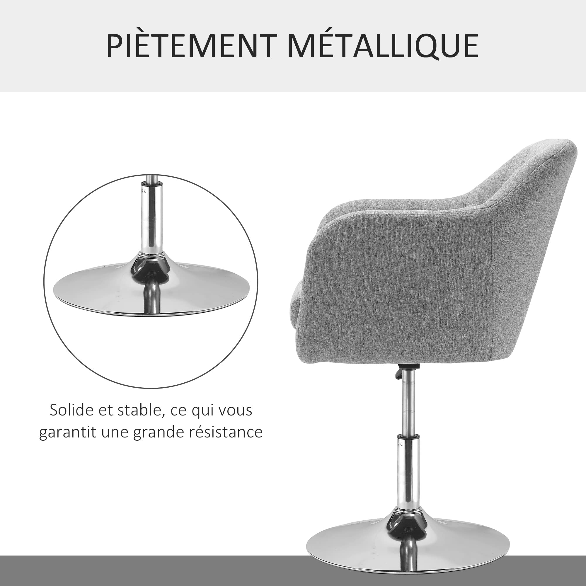 HOMCOM Fauteuil de Salon Chaise Relax Fauteuil de Chambre Grand Confort - Coussins lombaires Hauteur réglable pivotant 360° piètement en métal chromé - Gris