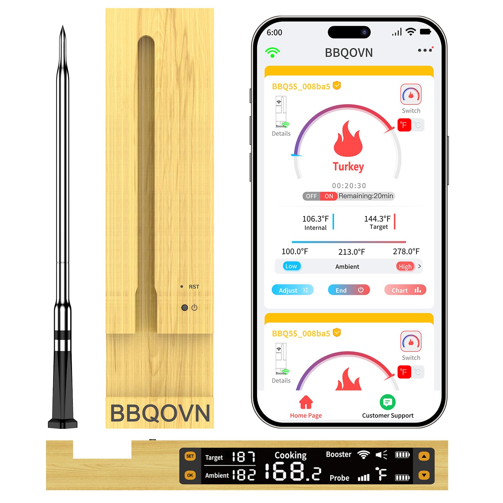 BBQOVN Termometro WiFi Bluetooth Wireless Meat Range Unlimited Temp Anywhere, 7 NiST Certified Sensors with Ambient Temp, Monitor for BBQ, Grill, Forno, Smoker, Air Fryer (Black)