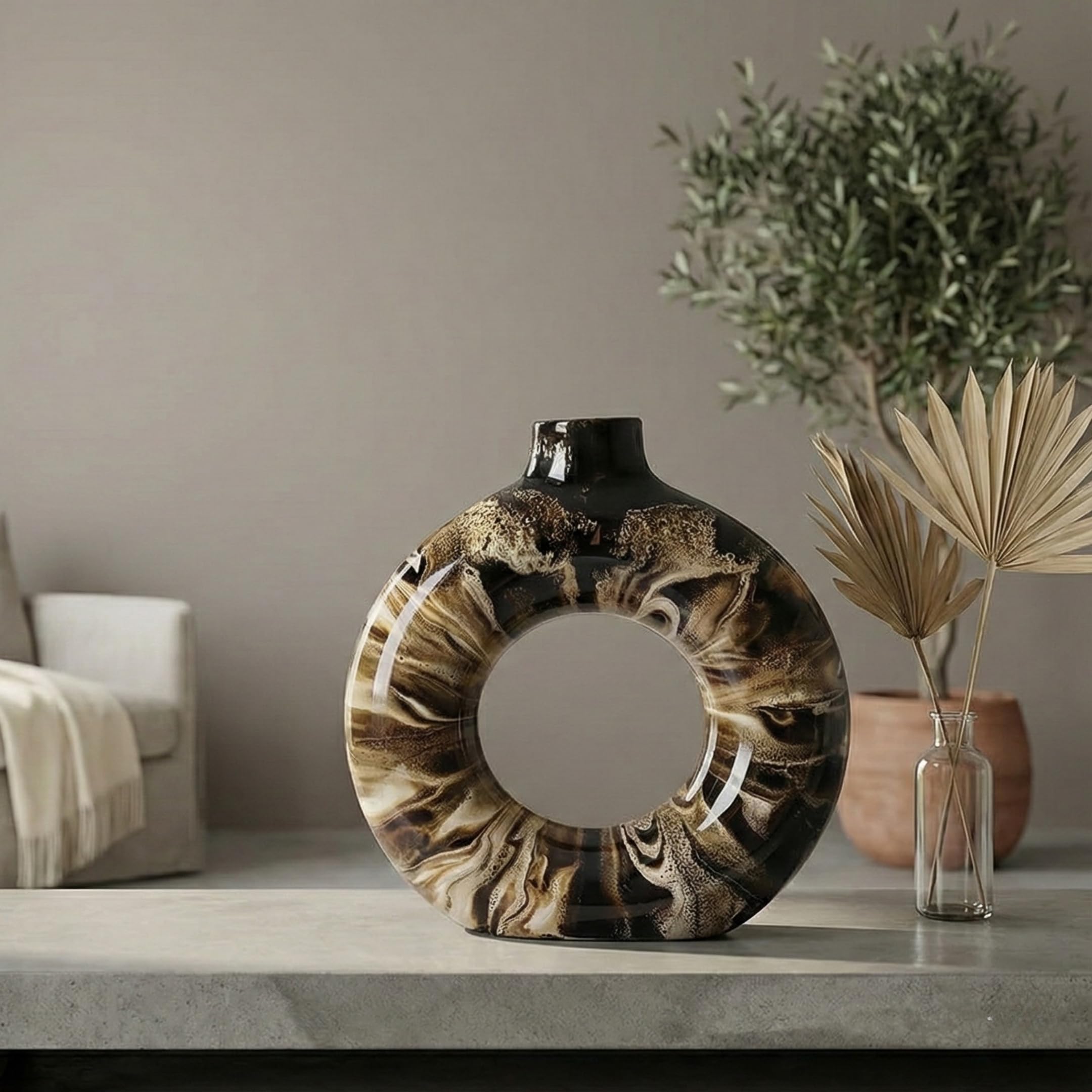 Spangle Zone Luxury Ceramic Donut Vase (8 Inch) – Modern Abstract Circular Vase for Living Room & Dining Table Decor – Aesthetic Round Flower Pot for Pampas Grass & Home Styling (Black Marble Finish)-picture-10