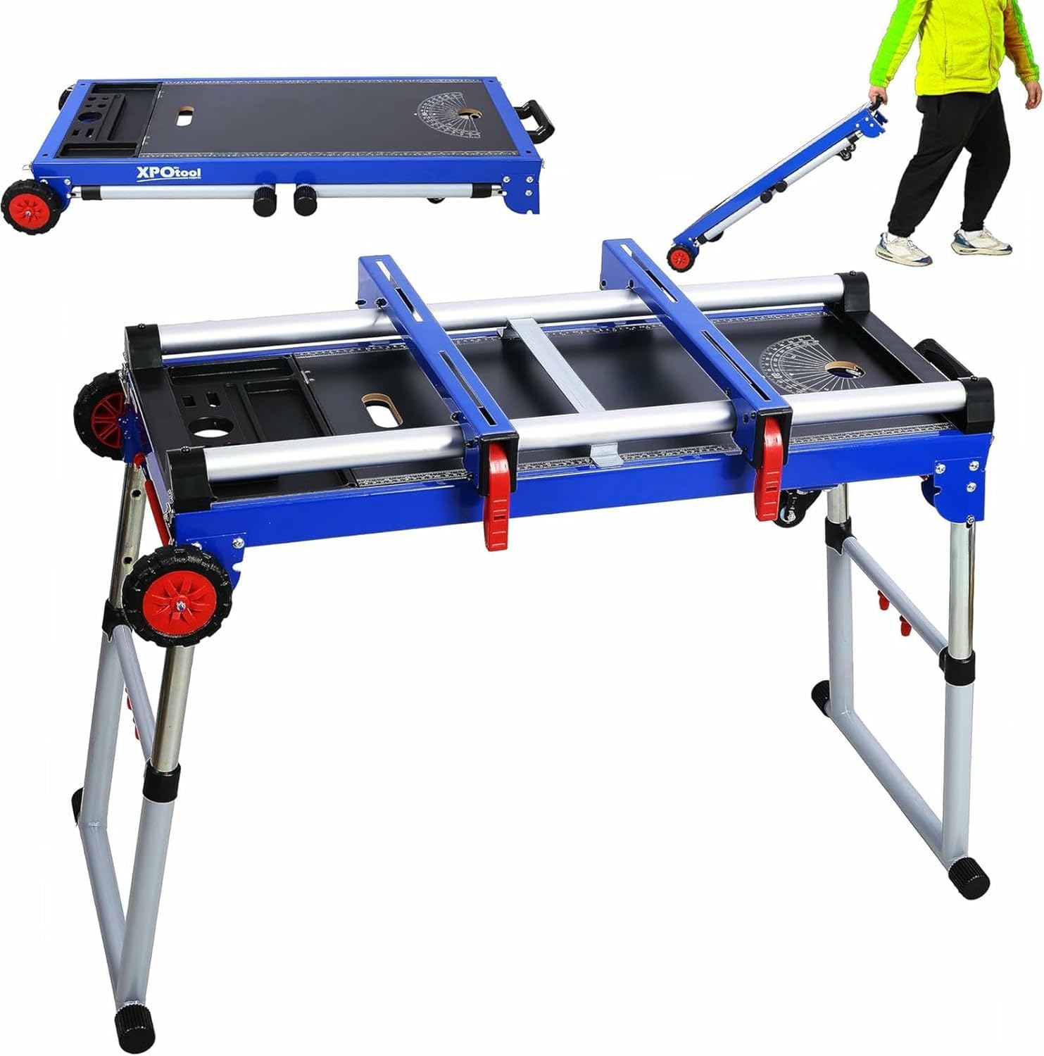 Soporte para sierra ingletadora, banco de trabajo plegable, estación de reparación portátil con andamio desmontable, plataforma rodante, bandeja de herramientas, altura ajustable
