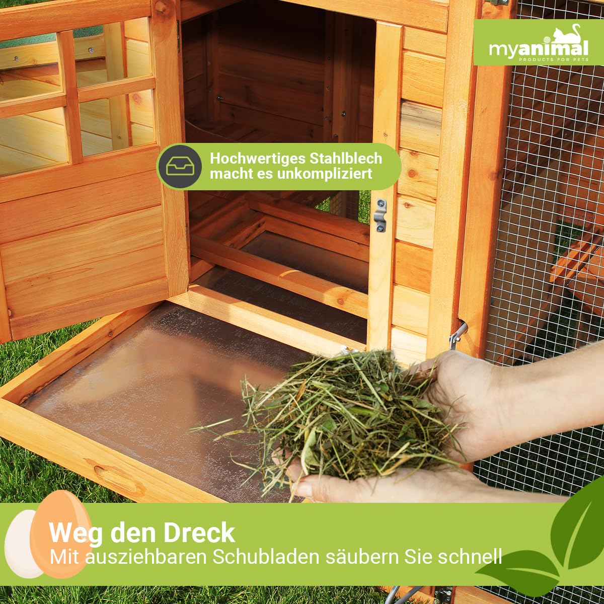 Miweba MyAnimal Hühnerstall MH-04 | 174x76x103 cm - Für 4 Hühner mit Eiablage - Nistkasten - Kleintierkäfig Winterfest - Freilaufgehege - Käfig - Hühnerhaus - Vogelkäfig - Voliere (MH-04 Braun)