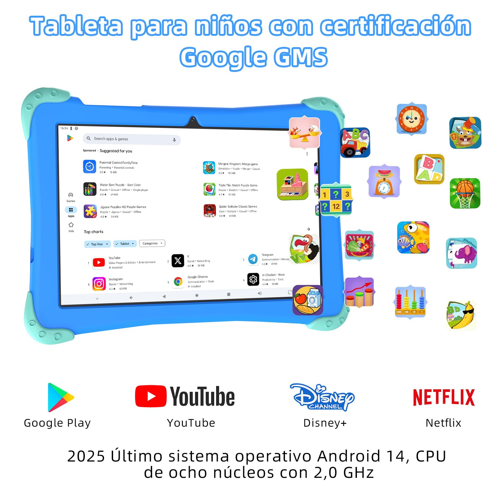 EagleSoar Tablet para Niños 10 Pulgadas, Android 14 Octa-Core, 10 GB RAM+64GB ROM, 1280 * 800 IPS, 6000mAh, Cámara Doble, Parental Controls, WiFi 6, Bluetooth, con EVA Caso (Azul)