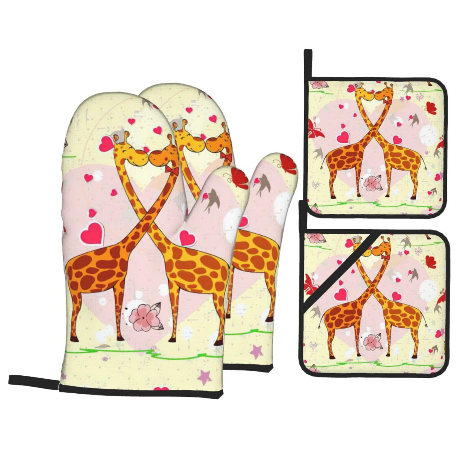 Giraffe Heart Flower Butterfly Print 4-Piece Oven Microwaving Set Waterproof Kitchen Gloves for Baking Grilling Cooking