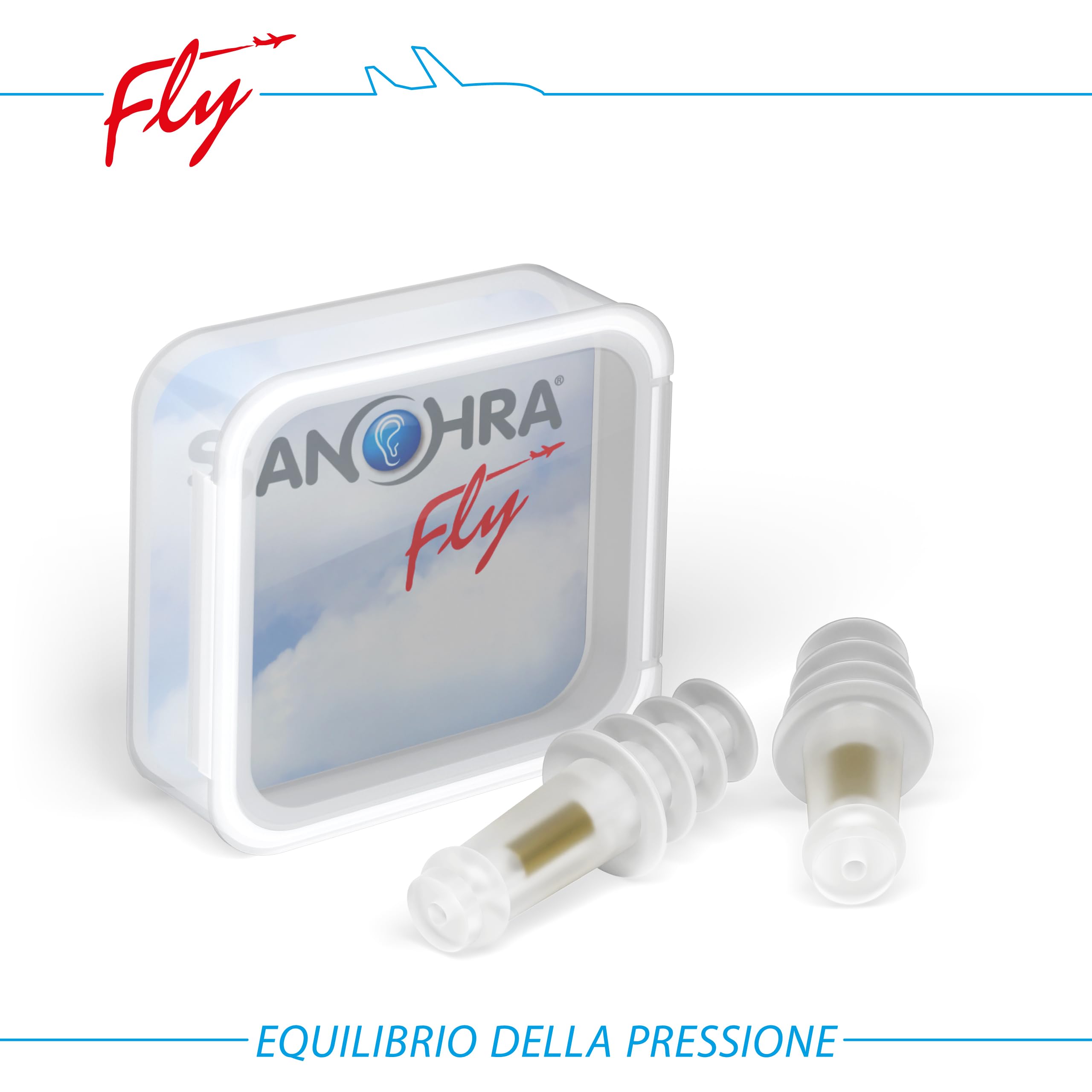 SANOHRA fly - tappi per le orecchie contro la pressione in volo | Per adulti | Riutilizzabili (fino a 6 voli) | Equalizzazione della pressione durante il decollo e l'atterraggio | Comfort in viaggio