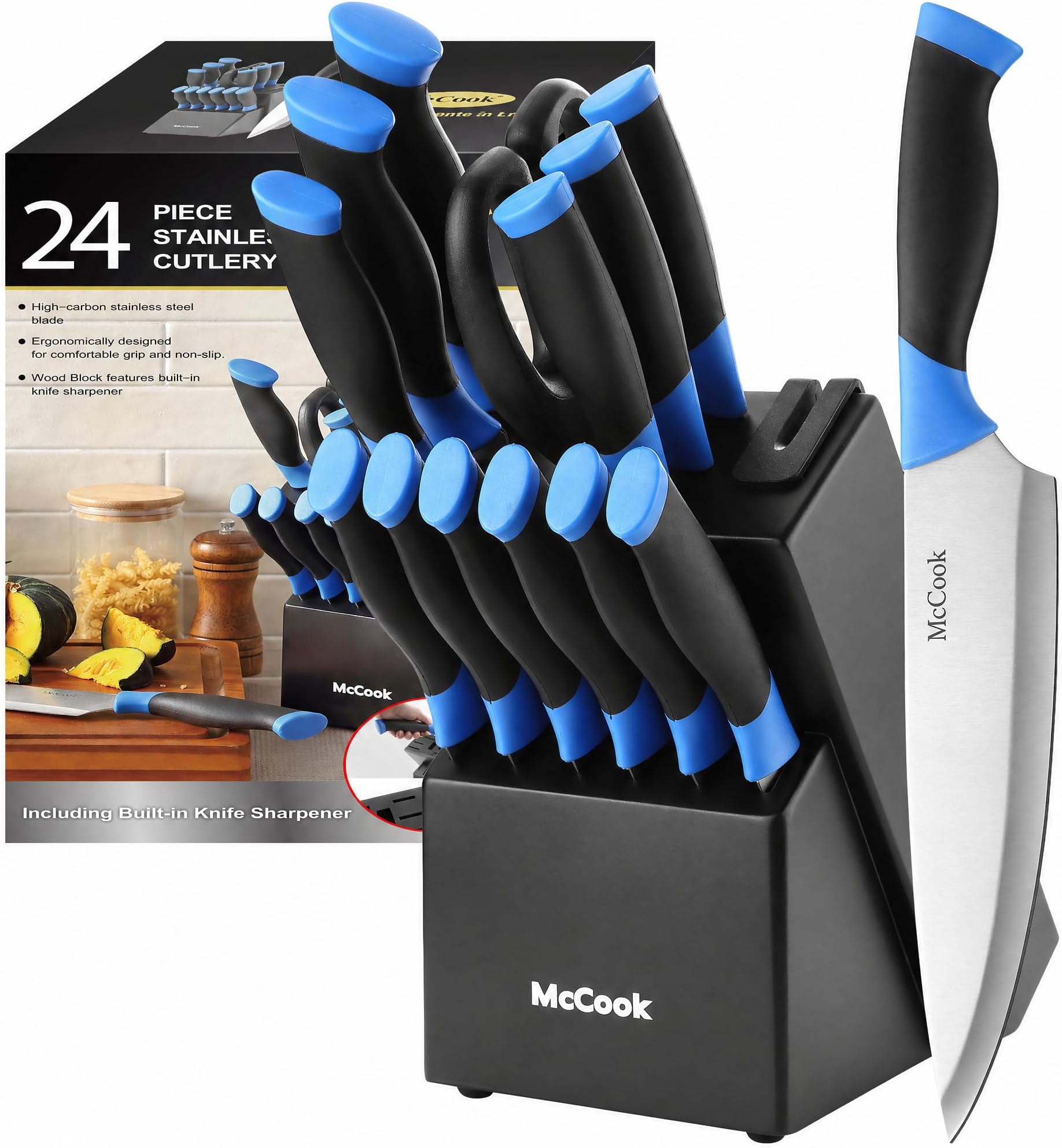 McCook Knife Sets, German Stainless Steel Kitchen Knife Block Sets with Built-in Sharpener