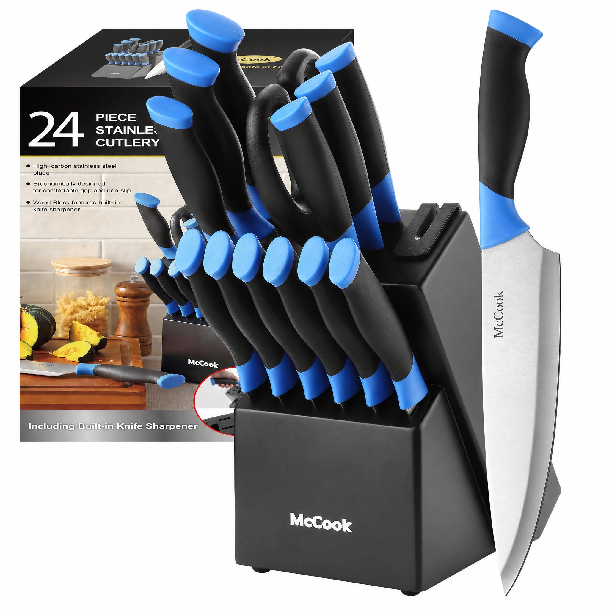 McCook Knife Sets, German Stainless Steel Kitchen Knife Block Sets with Built-in Sharpener