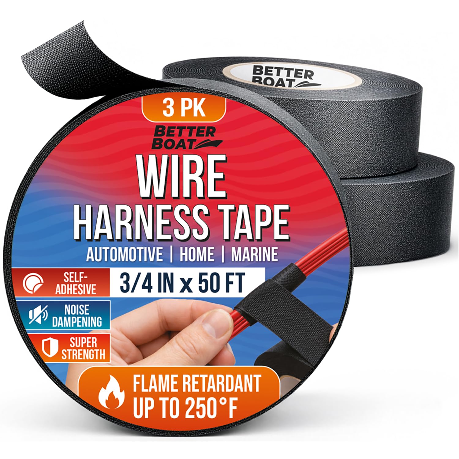 Better Boat Wire Harness Tape 3-Pack (150ft) - Cloth Electrical Tape Automotive & Marine Grade, Noise Dampening Wire Loom, Heat Resistant to 250F, No